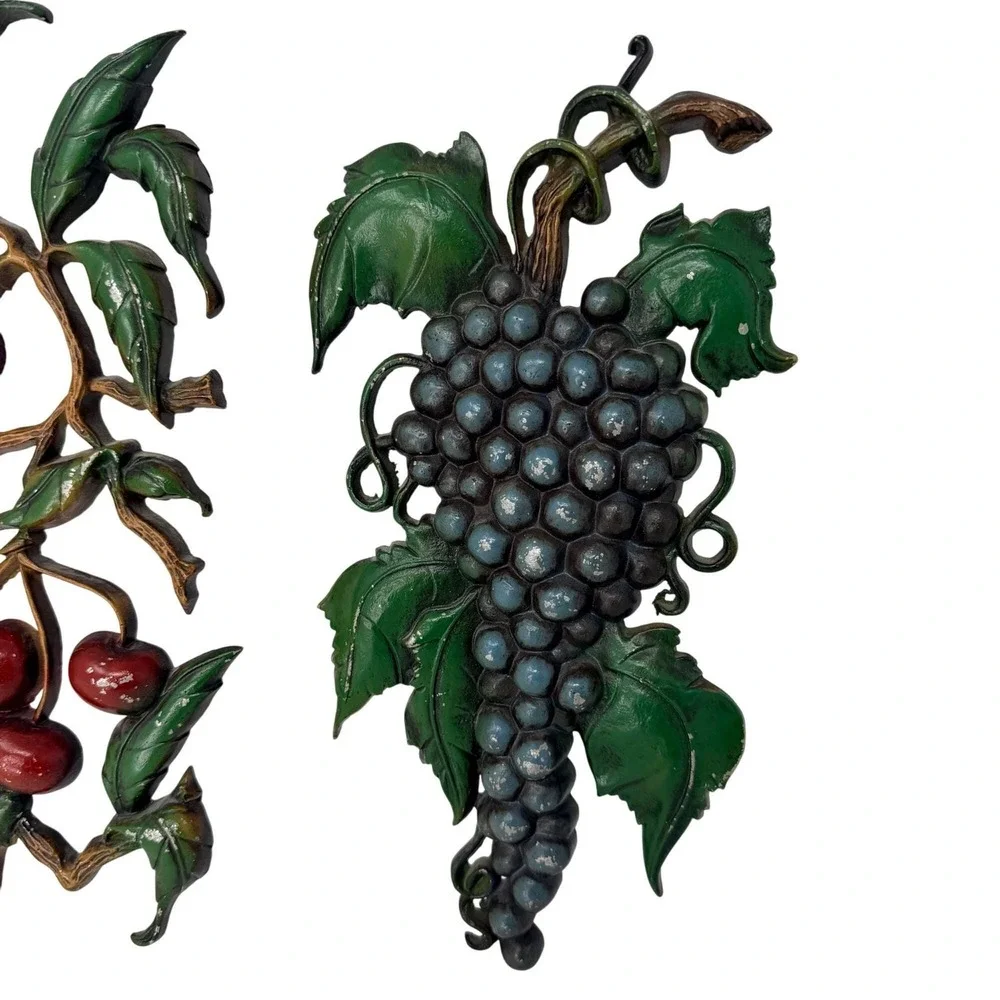 Vintage Sexton Metal Fruit Wall Plaques Grapes & Cherries Mid Century Wall Art‎